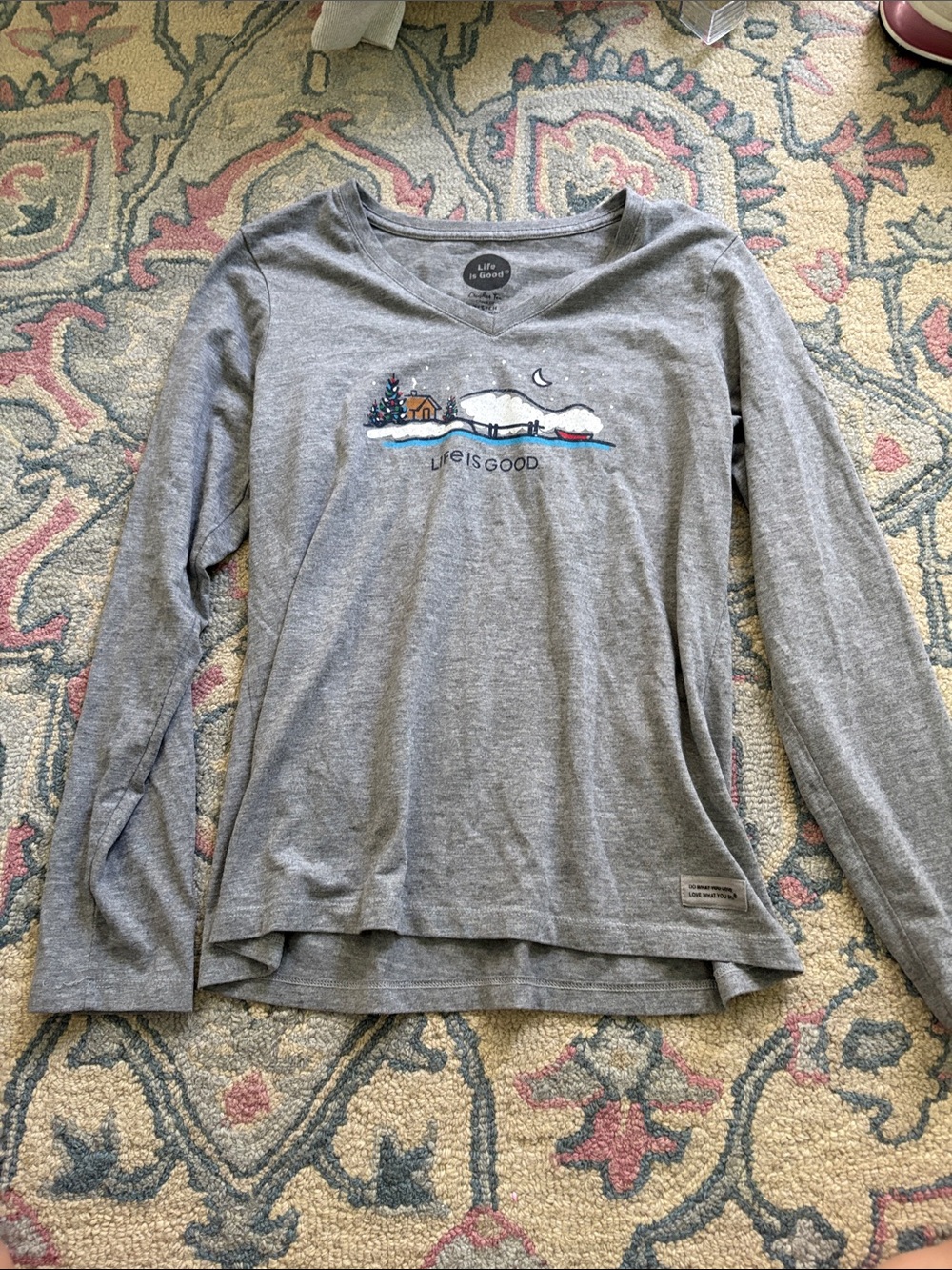 Life Is Good Gray V-Neck Long Sleeve Sweater with Winter Embroidery